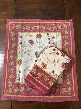 Pier One Vintage Red Tan Beige Floral Cotton Napkins Set Of 8 Square